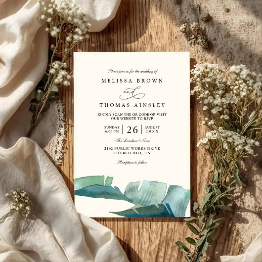 Invitation Palm Leave Green Elegant Modern QR Code Wedding