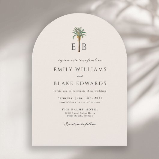Invitation Palm Logo Elegant Arch Tropical Monogram Wedding