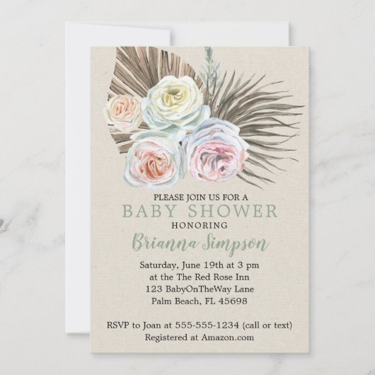 Invitation Palm séché Boho moderne Baby shower floral neutre (Devant)