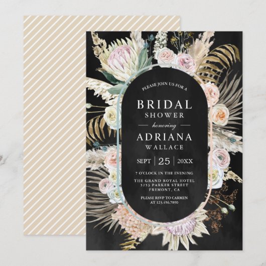 Invitation Palm Séché Boho Pampas Floral Fête des mariées noi (Devant / Derrière)