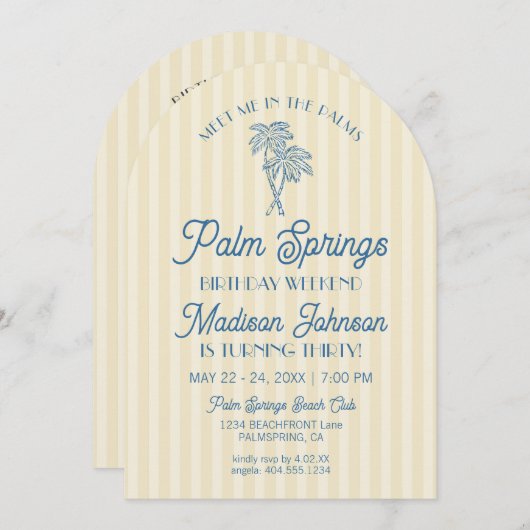 Invitation Palm Springs Jaune Pastel Beach Anniversaire Week- (Devant / Derrière)
