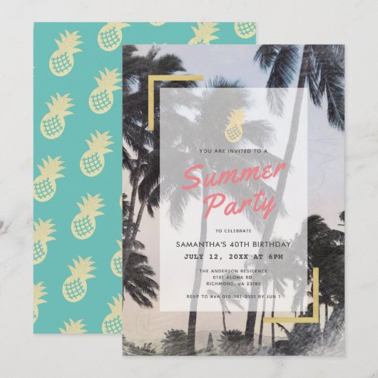 Invitation Palm Tree & Ananas Summer Party Adulte Anniversair (Devant / Derrière)