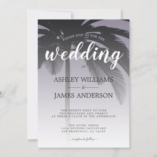 Invitation Palm Tree Ash Purple Beach Mariage (Devant)