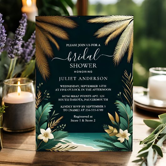 Invitation Palm Tree Beach Fête des mariées Verte Et Or