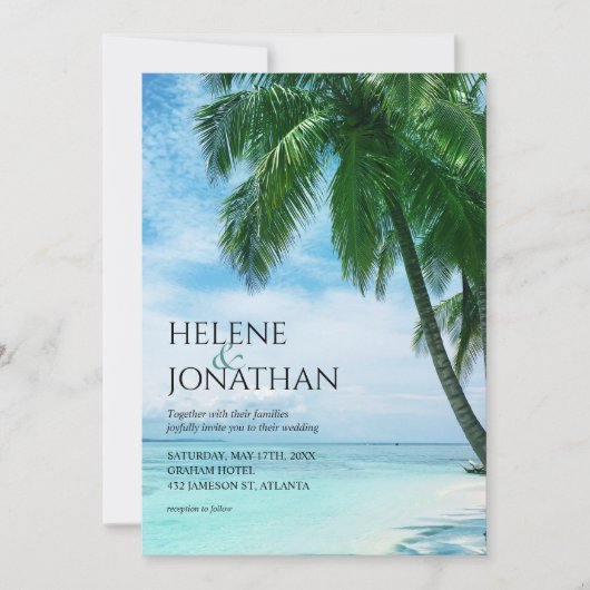 Invitation Palm Tree Beach Océan tropical Destination Mariage (Devant)