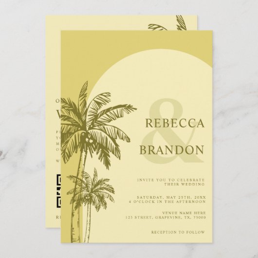 Invitation Palm Tree Boho Beach Yellow QR Code Wedding (Devant / Derrière)