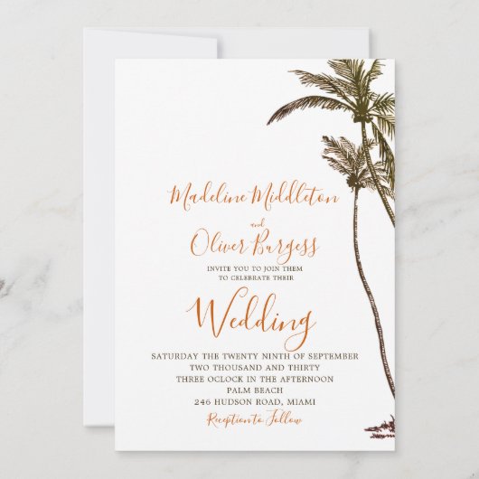 Invitation Palm Tree Burnt Orange moderne Mariage tropical (Dos)