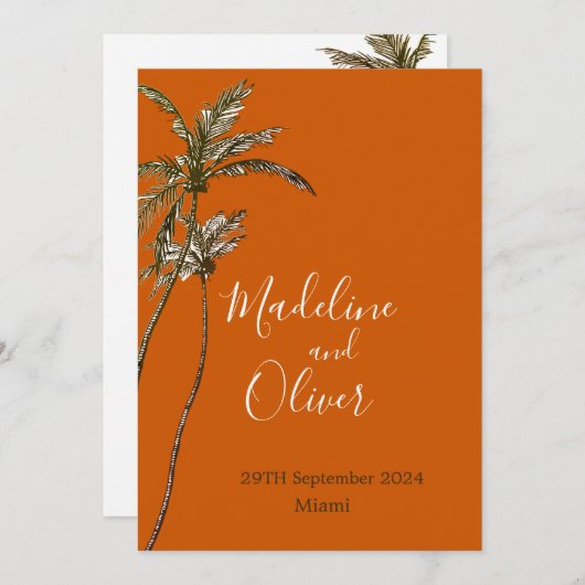 Invitation Palm Tree Burnt Orange moderne Mariage tropical (Devant / Derrière)