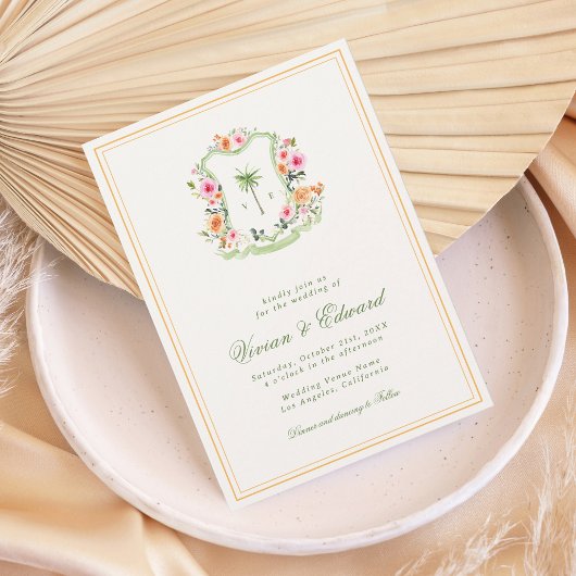 Invitation Palm Tree Crest Monogramme Plage tropicale Mariage