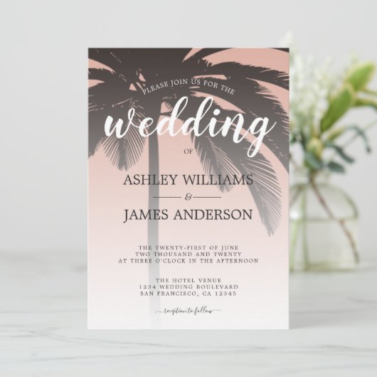 Invitation Palm Tree Dusty Pink Beach Wedding (Debout devant)