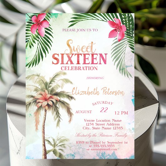 Invitation Palm Tree Fleurs tropicales été doux 16 Party