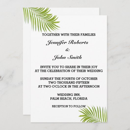 Invitation Palm Tree Foliage Vert Aquarelle Feuille Mariage (Devant / Derrière)