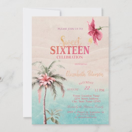Invitation Palm Tree Hibiscus tropical Summer Sweet 16 Party (Devant)