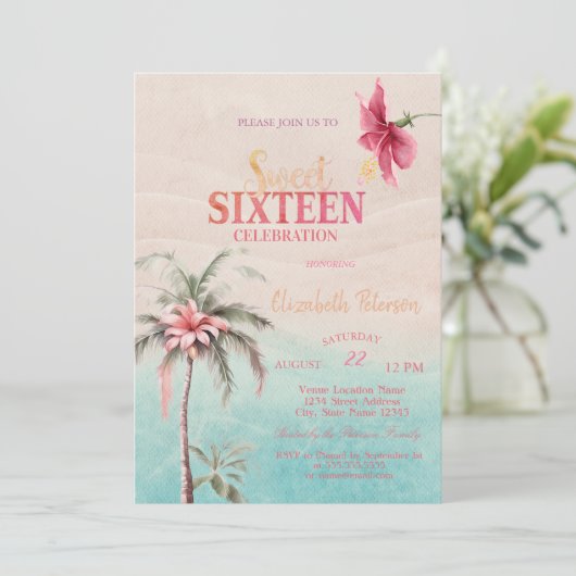 Invitation Palm Tree Hibiscus tropical Summer Sweet 16 Party (Debout devant)