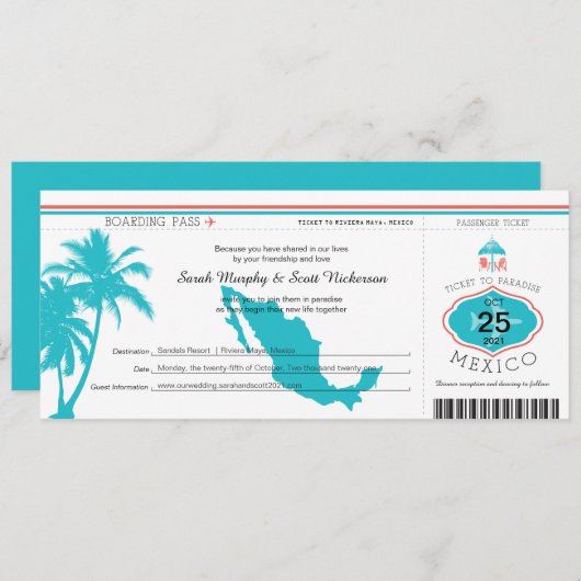 Invitation Palm Tree Mexico Boarding Pass Mariage (Devant / Derrière)