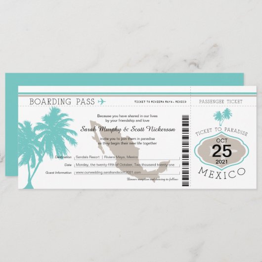 Invitation Palm Tree Mexico Boarding Pass Mariage (Devant / Derrière)