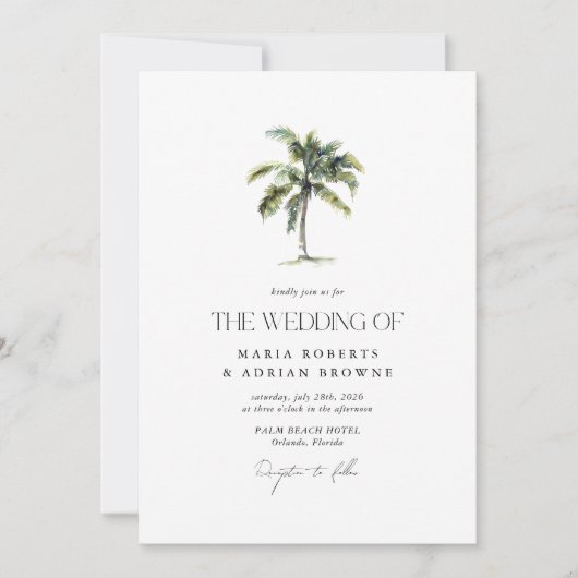 Invitation Palm Tree minimal Mariage de plage tropicale (Devant)