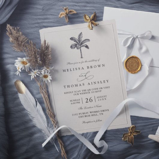 Invitation Palm Tree Minimalist Destination QR Code Wedding