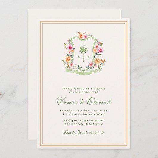 Invitation Palm Tree Monogram Tropical Beach Engagement Party (Devant / Derrière)