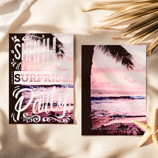 Invitation Palm Tree Shh Surprise Party Sunset Beach Birthday