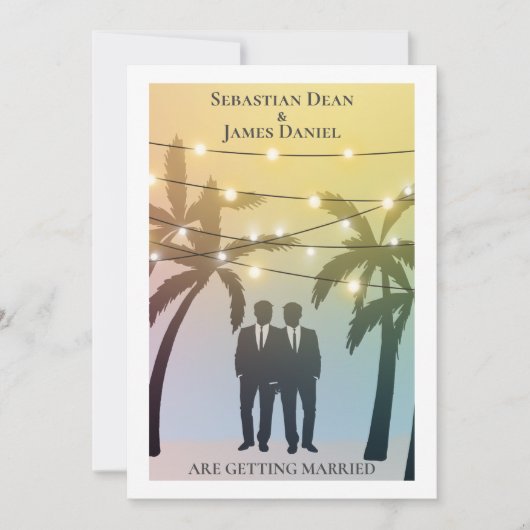 Invitation Palm Tree String Lights Deux Groom Gay Mariage (Devant)