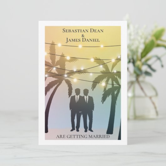 Invitation Palm Tree String Lights Deux Groom Gay Mariage (Debout devant)