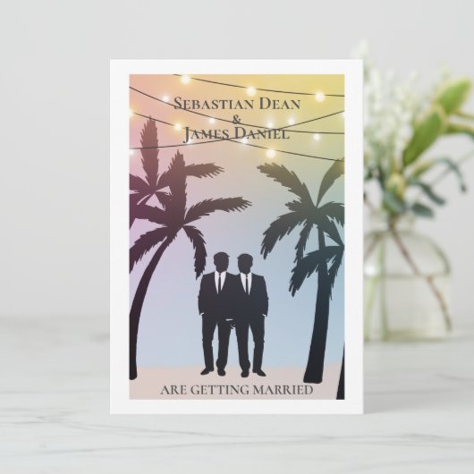 Invitation Palm Tree String Lights Deux Groom Gay Mariage (Debout devant)