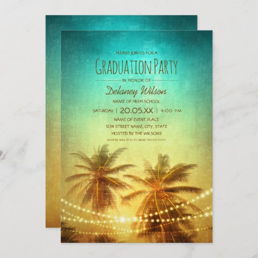 Invitation Palm Tree Sunset Beach Tropical Graduation Party (Devant / Derrière)