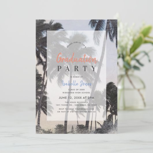 Invitation Palm Tree & Tropical Beach Graduation (Debout devant)
