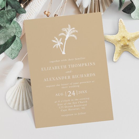 Invitation Palm Tree Tropical Beige Beach Sand Mariage