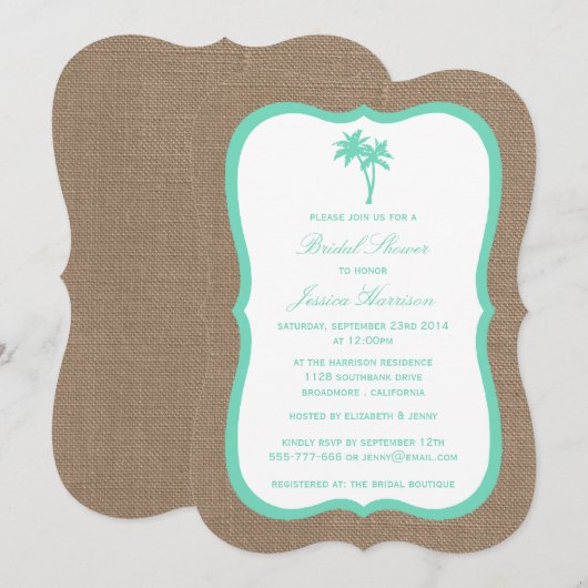 Invitation Palm Tree Tropical Burlap Beach Fête des mariées (Devant / Derrière)