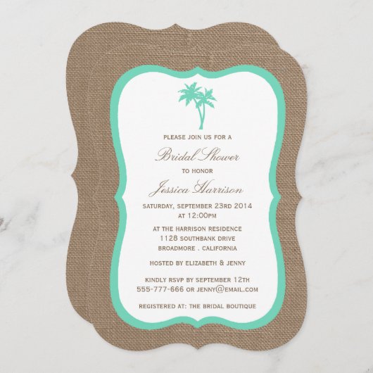Invitation Palm Tree Tropical Burlap Beach Fête des mariées (Devant / Derrière)