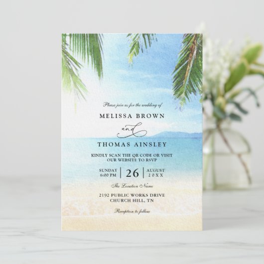 Invitation Palm Tree Tropical Island Beach QR Code Wedding (Debout devant)
