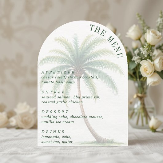 Invitation Palm Tree Tropical Island Watercolor Arched Menu
