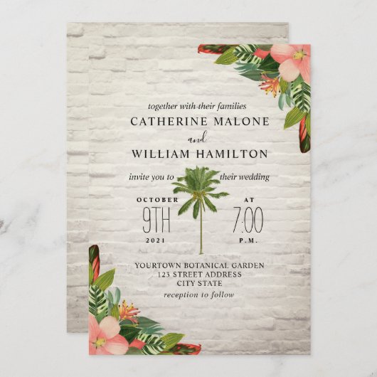 Invitation Palm Tree Tropical White Brick Mariage (Devant / Derrière)