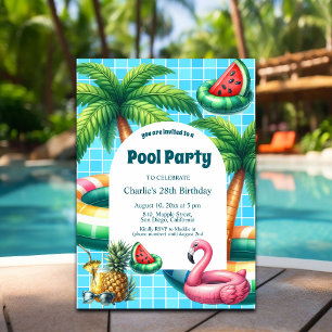 Invitation Palm Trees Pool Flamant rose de fête Anniversaire 