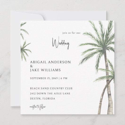Invitation Palm Trees Tropical Square Wedding (Devant)
