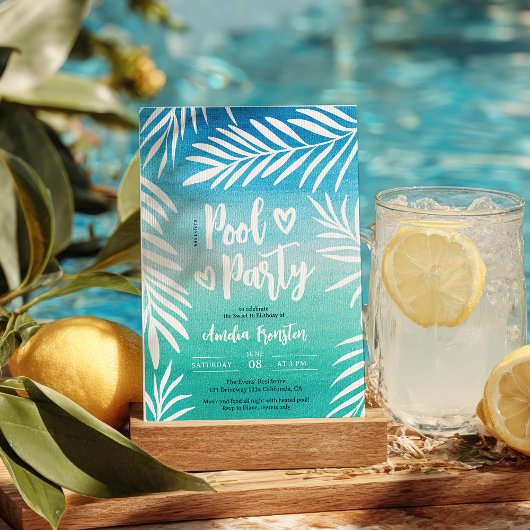Invitation Palm Tropical Blue Ombre Sweet 16 Pool Party