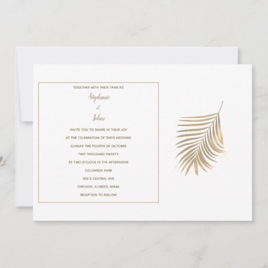 Invitation Palm Tropical Feuille Golden Sepia Motif Mariage (Devant)