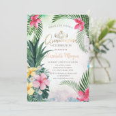 Invitation Palme d'été Quinceañera d'ananas à fleurs tropical (Debout devant)