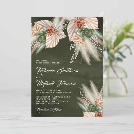Invitation Palme d'ivoire Terme Pampas Sage Mariage vert (Debout devant)