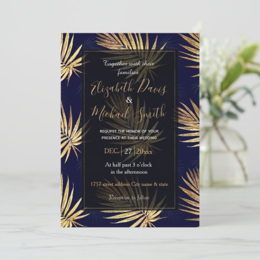 Invitation Palme d'or bleu tropicale Verdure Feuille (Debout devant)