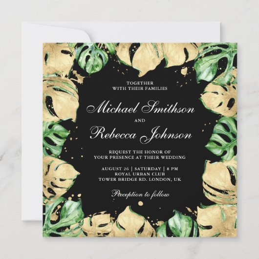 Invitation Palme Monstera d'or vert tout en un Mariage noir (Devant)