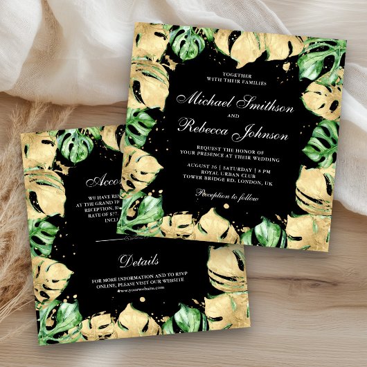 Invitation Palme Monstera d'or vert tout en un Mariage noir