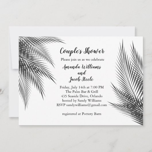 Invitation Palme noire et blanche classique Feuille Douche Co (Devant)
