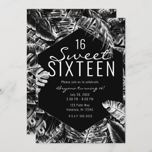 Invitation Palme tropicale blanche et noire Feuille douce 16 (Devant / Derrière)