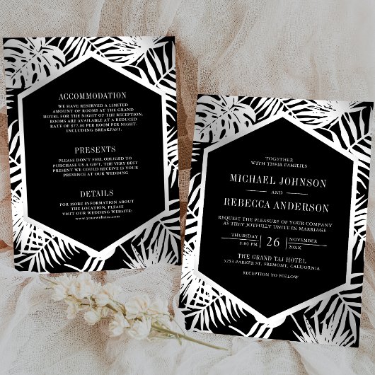 Invitation Palme tropicale d'argent noir tout en un Mariage