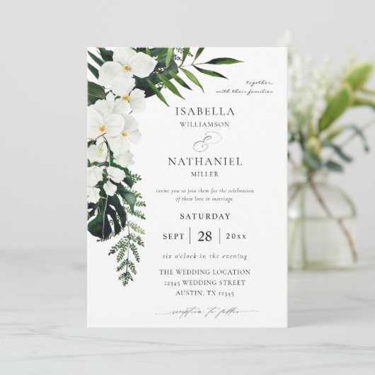 Invitation Palme tropicale et Mariage floral blanc 2 (Debout devant)