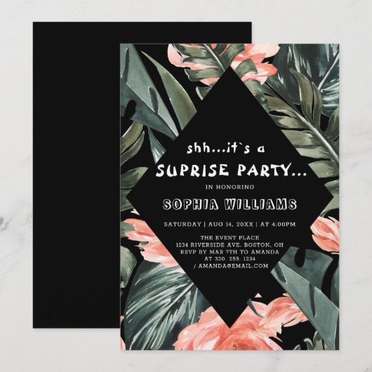 Invitation Palme tropicale Florale Surprise Black Party Invit (Devant / Derrière)