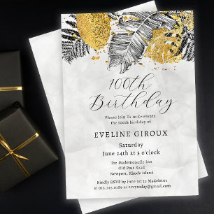 Invitation Palme tropicale Noir Blanc Or 100e anniversaire
